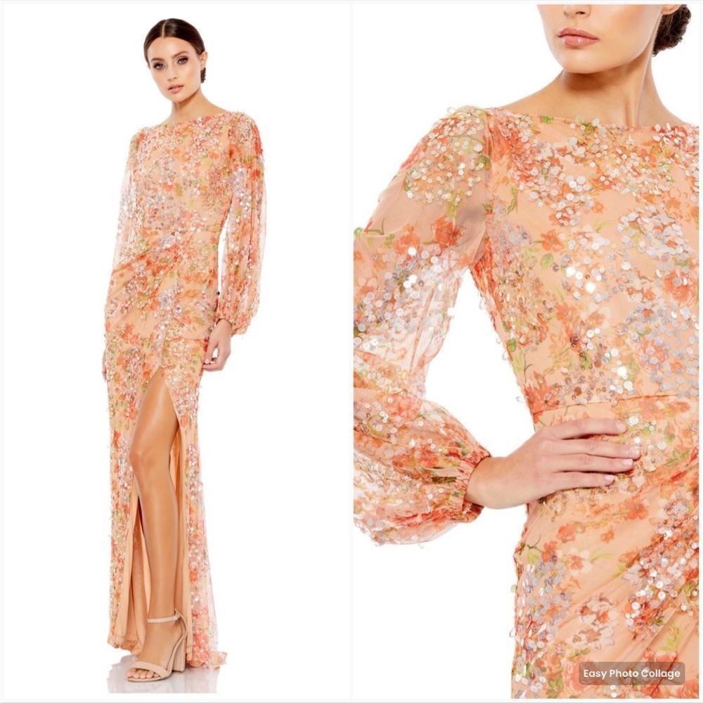 Mac Duggal Apricot Orange Size 26 Floral Sequin Long Sleeve Maxi Dress Gown